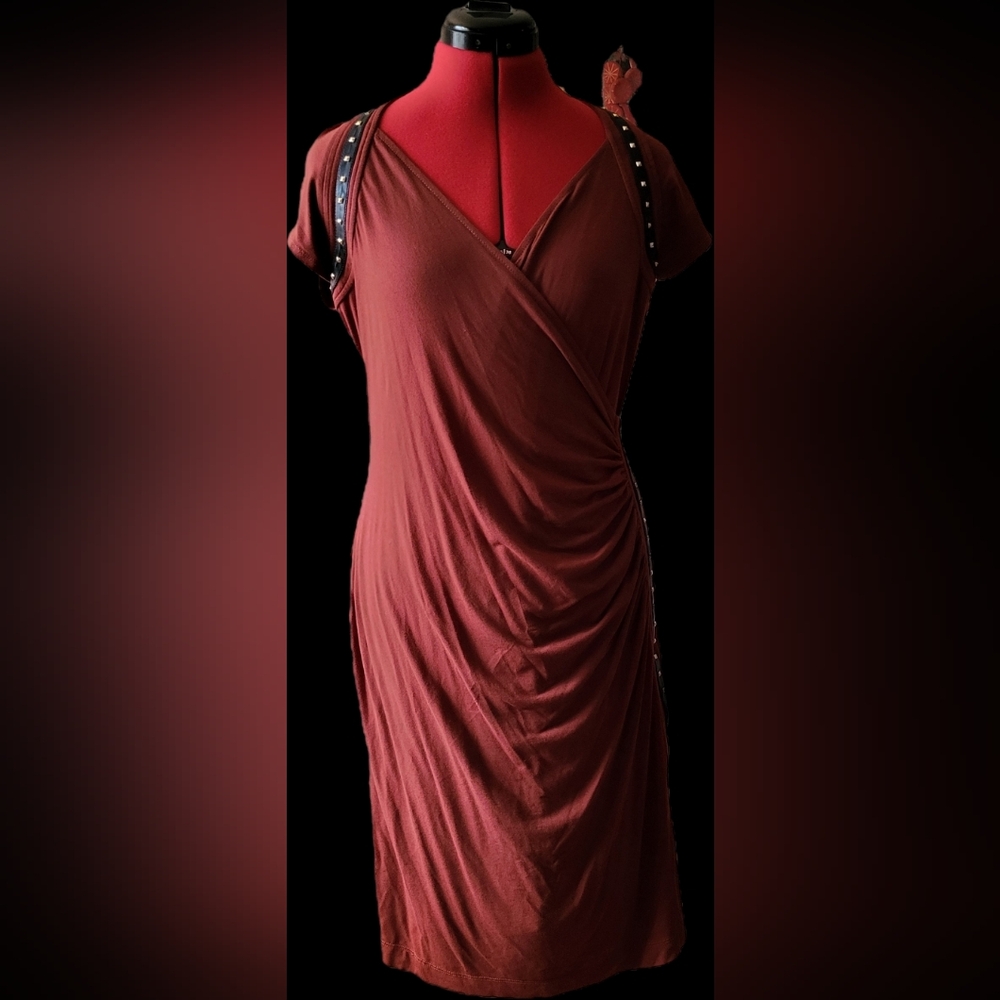 Carmen Marc Valvo Faux Leather Studded Trim. Color Burnt Sienna. 7% Spandex